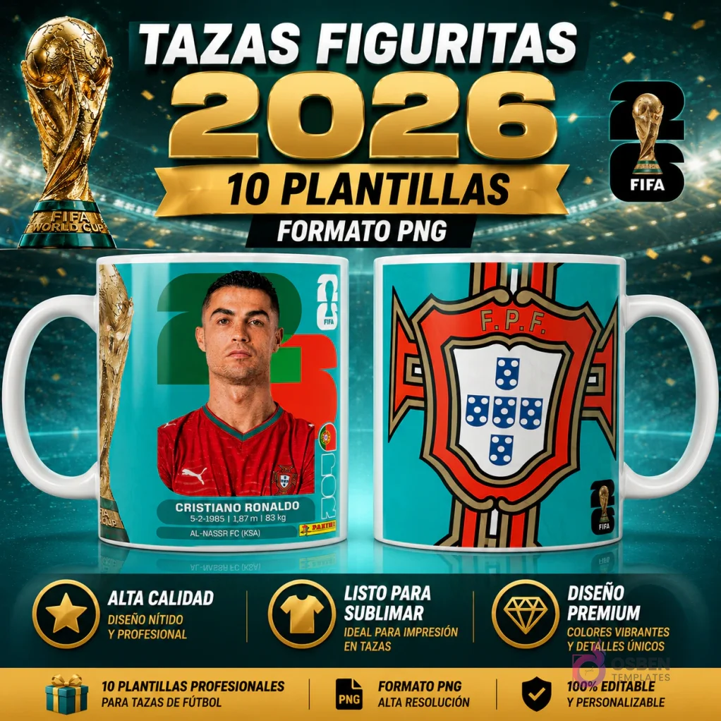 Pack 10 Plantillas para Sublimar Tazas | Jugadores Mundial 2026 Estilo Figurita PNG