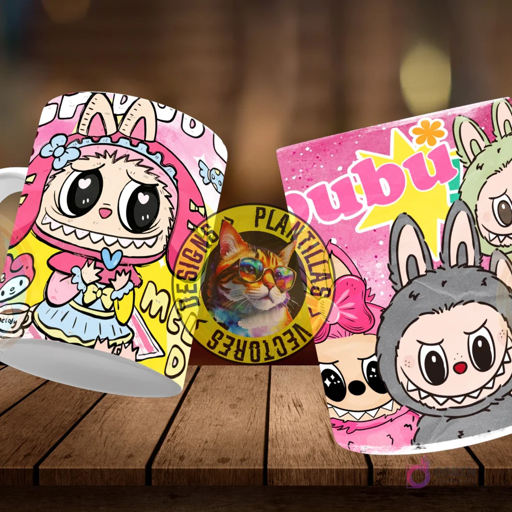 Pack Plantillas Sublimación Tazas Labubu: 12 Diseños PNG Exclusivos + Mockups