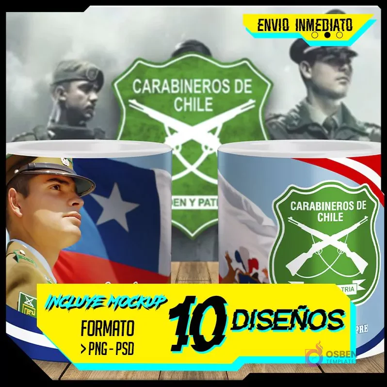 Diseños Sublimación Tazas Día del Carabinero Chile | 10 Diseños PNG PSD