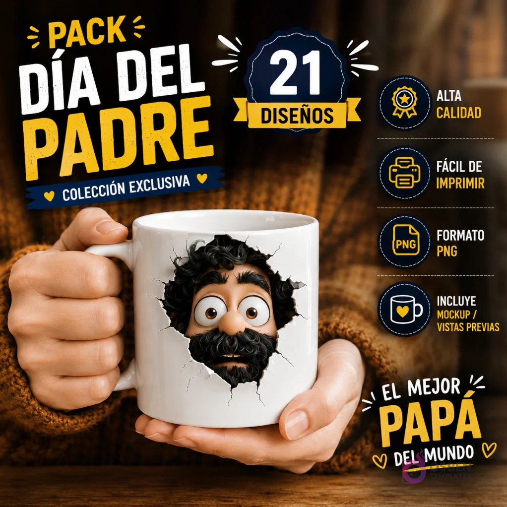 Pack 21 Plantillas para Tazas 3D Día del Padre | Diseños de Padres Barbudos PNG con Mockups para Sublimación