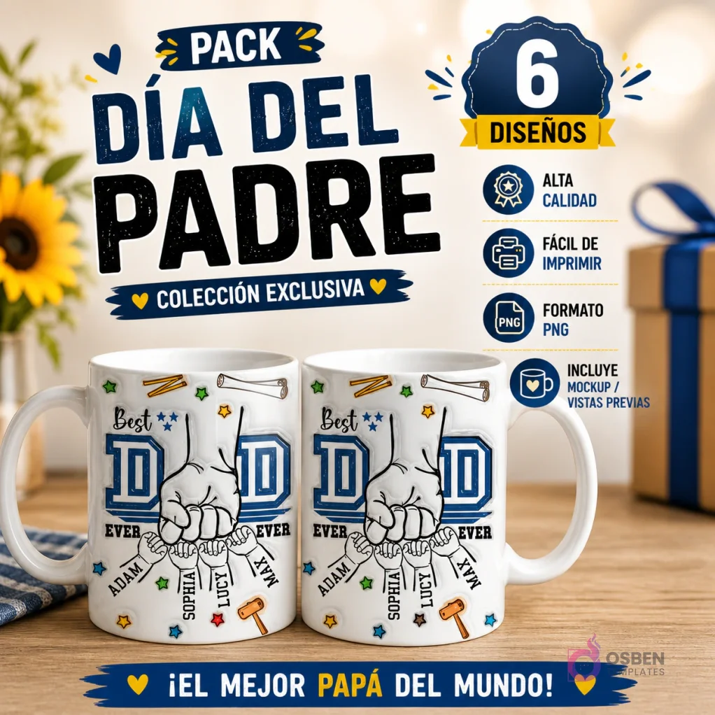 Plantillas para Tazas 3D Día del Padre | Sublimación Puños Manitos Personalizables