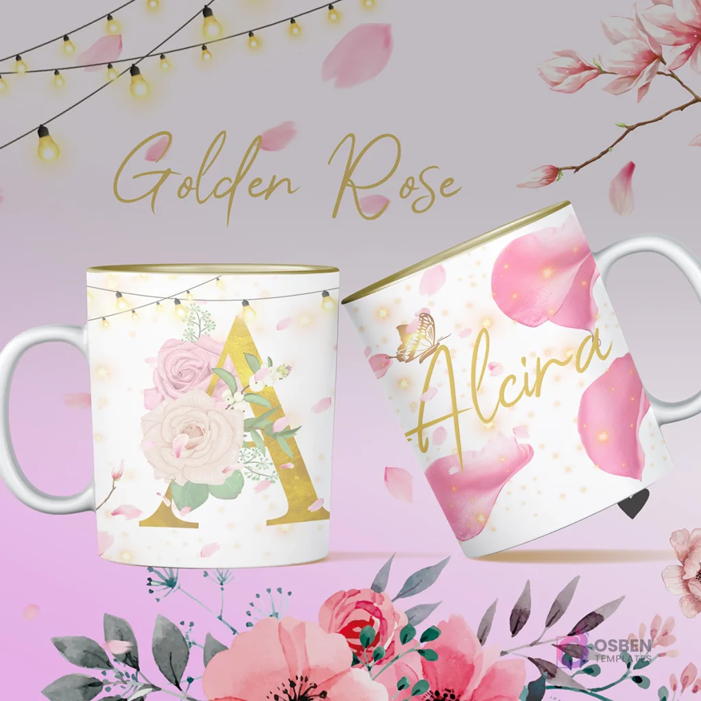 Pack de Plantillas para Tazas Inicial Golden Rose | Diseños Premium PNG/PSD