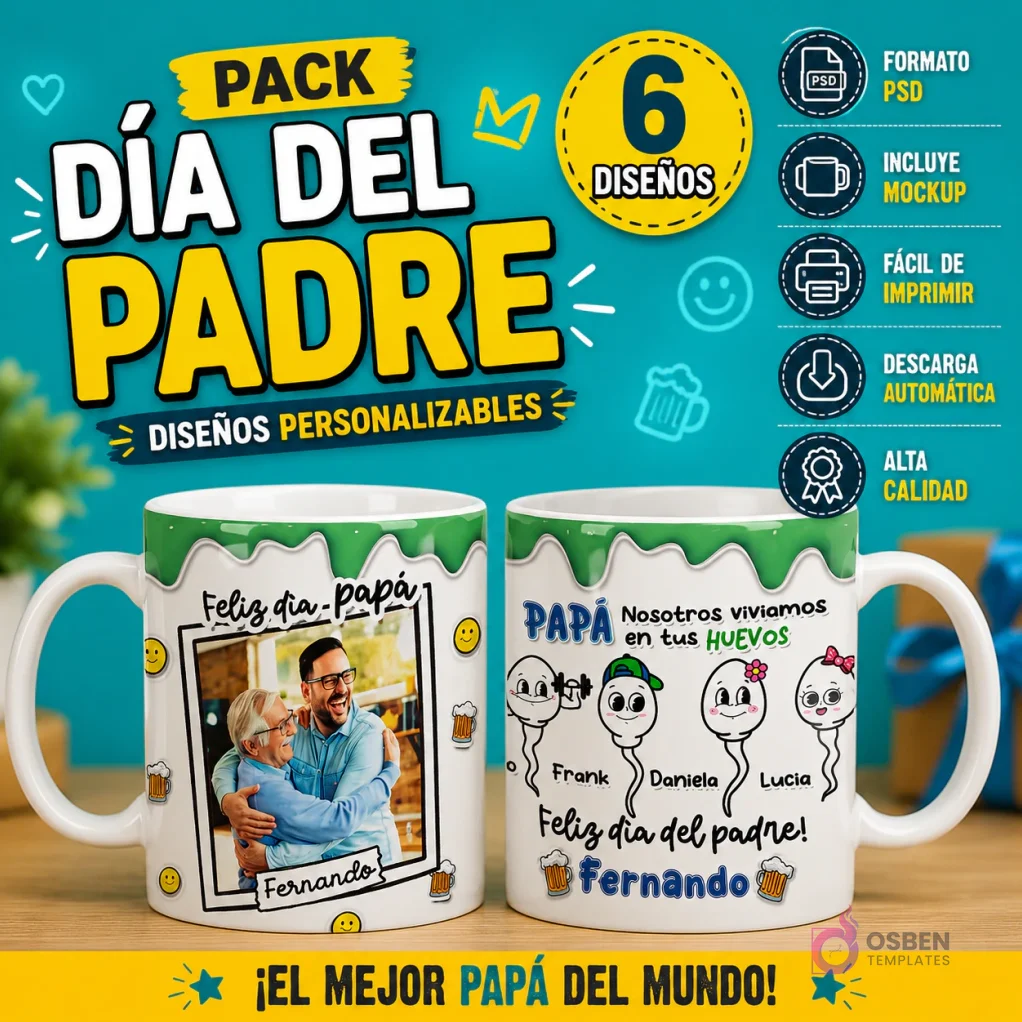 Pack 6 Plantillas Tazas Día del Padre Humor | Diseños PSD para Sublimación Personalizable