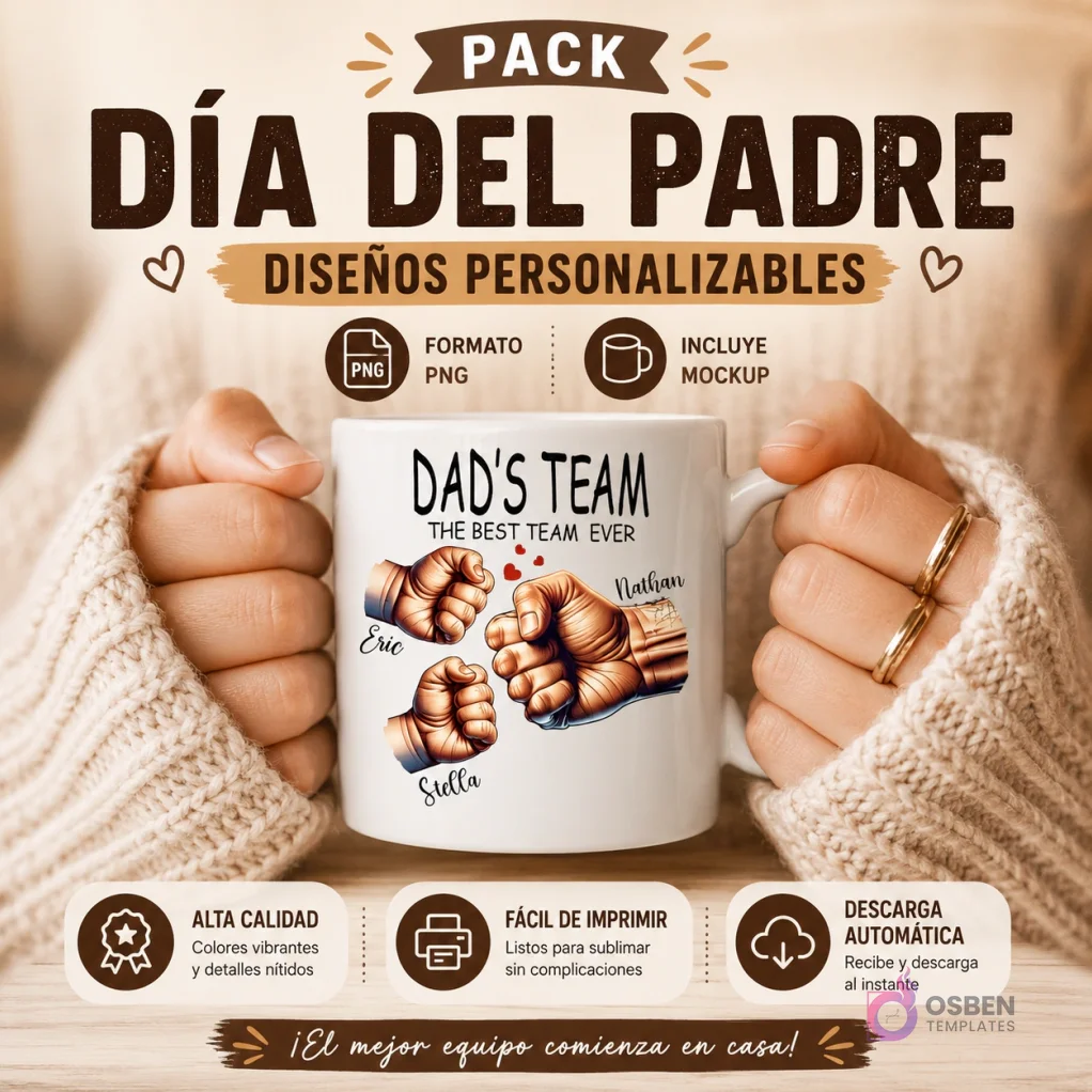 Pack Plantillas Tazas Día del Padre | Diseños Puños Familia Personalizables Sublimación