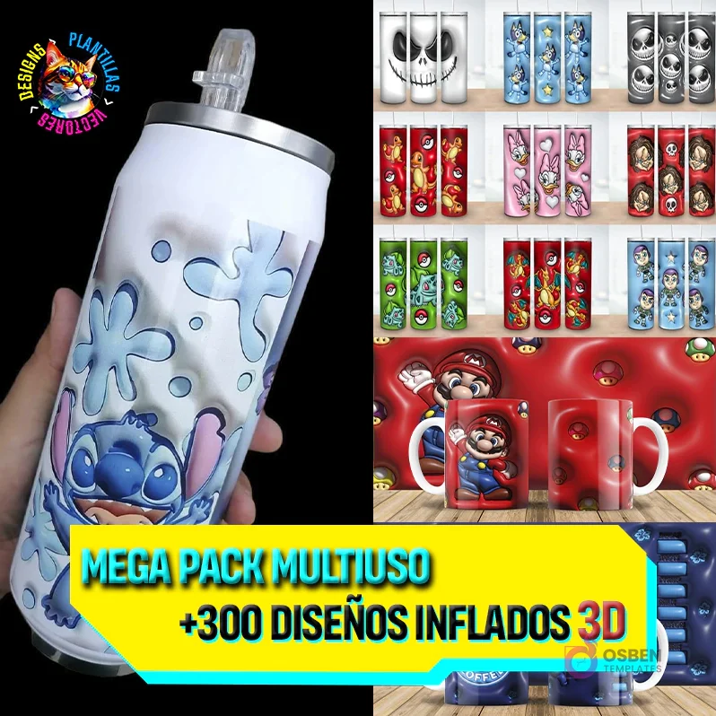 Mega Pack Diseños 3D Inflados para Sublimación | +300 Plantillas Tazas & Tumblers Personajes Populares